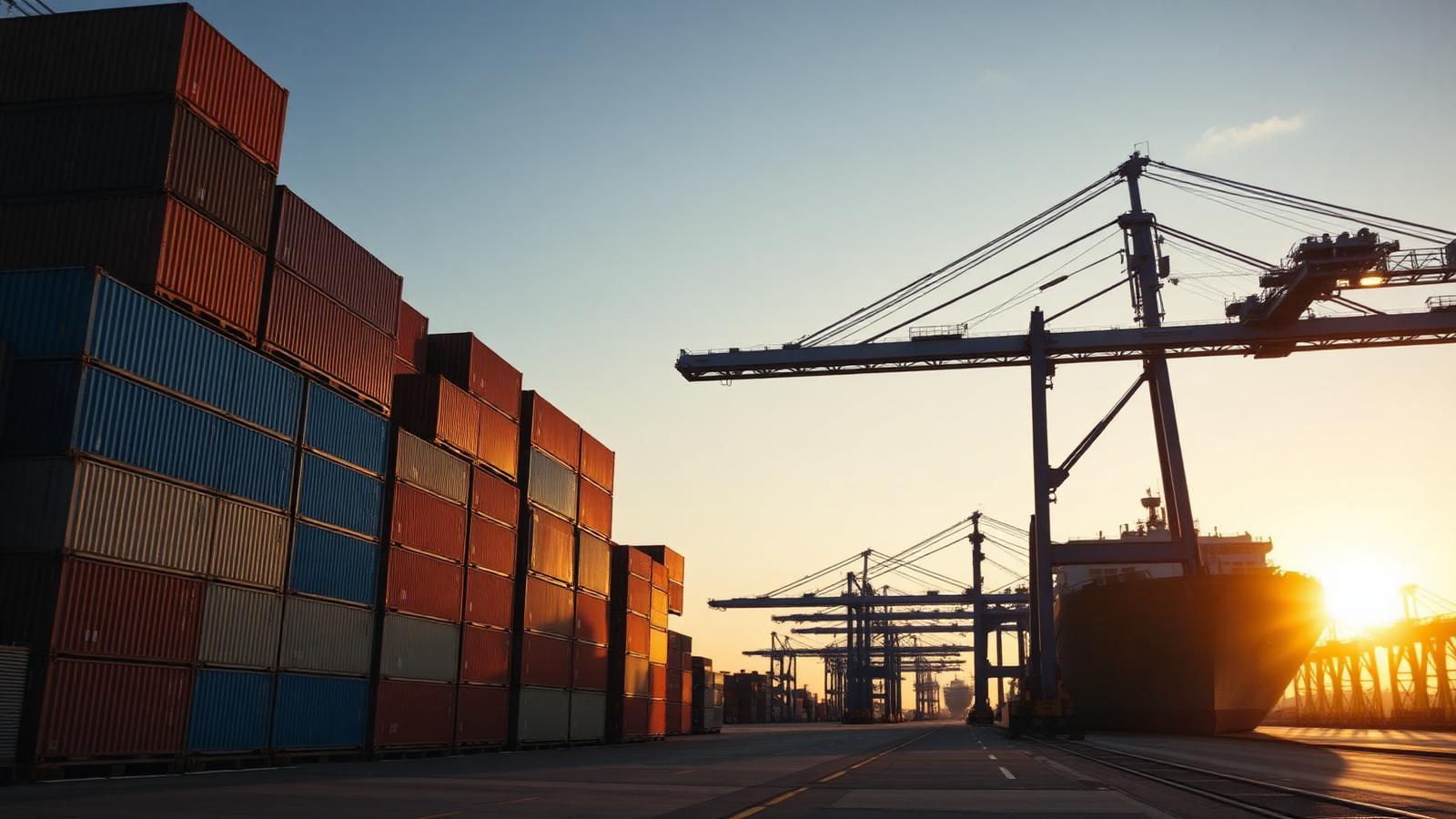 Container ship loading export cargo at port