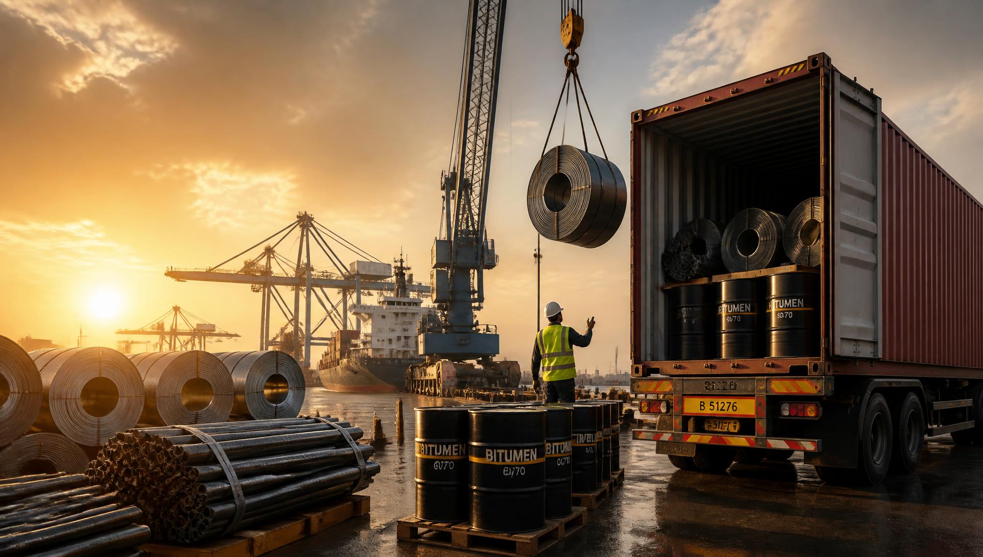 Steel coils and bitumen drums being loaded into a container at port